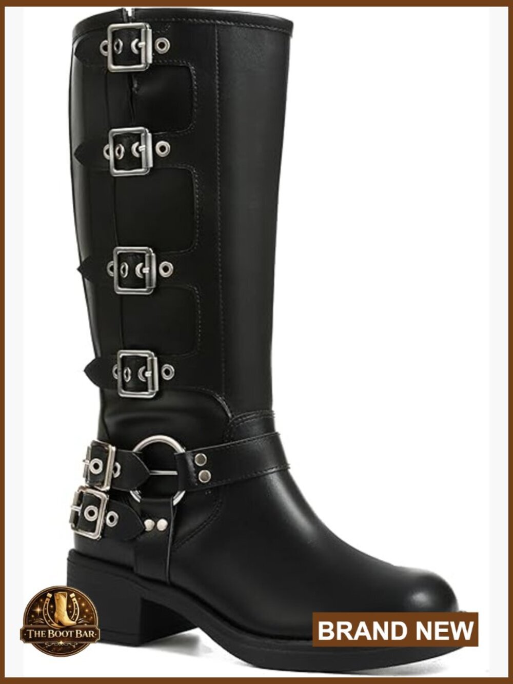 Knee High Riding Boots Square Toe Wide Calf Pull On Chunky Heel Buckle Detail